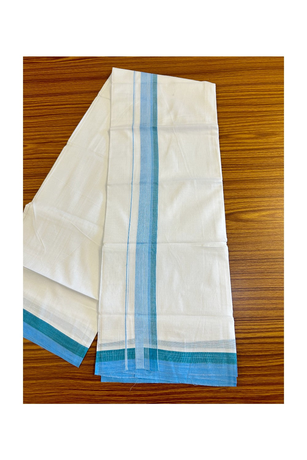 26% DISCOUNT!!! KaithariKada Balaramapuram 100% Cotton PURE white Double Mundu/Dhoti-100x90 2 Inch Sky Blue & Green shaded White stripes kara - 7KK448VIN