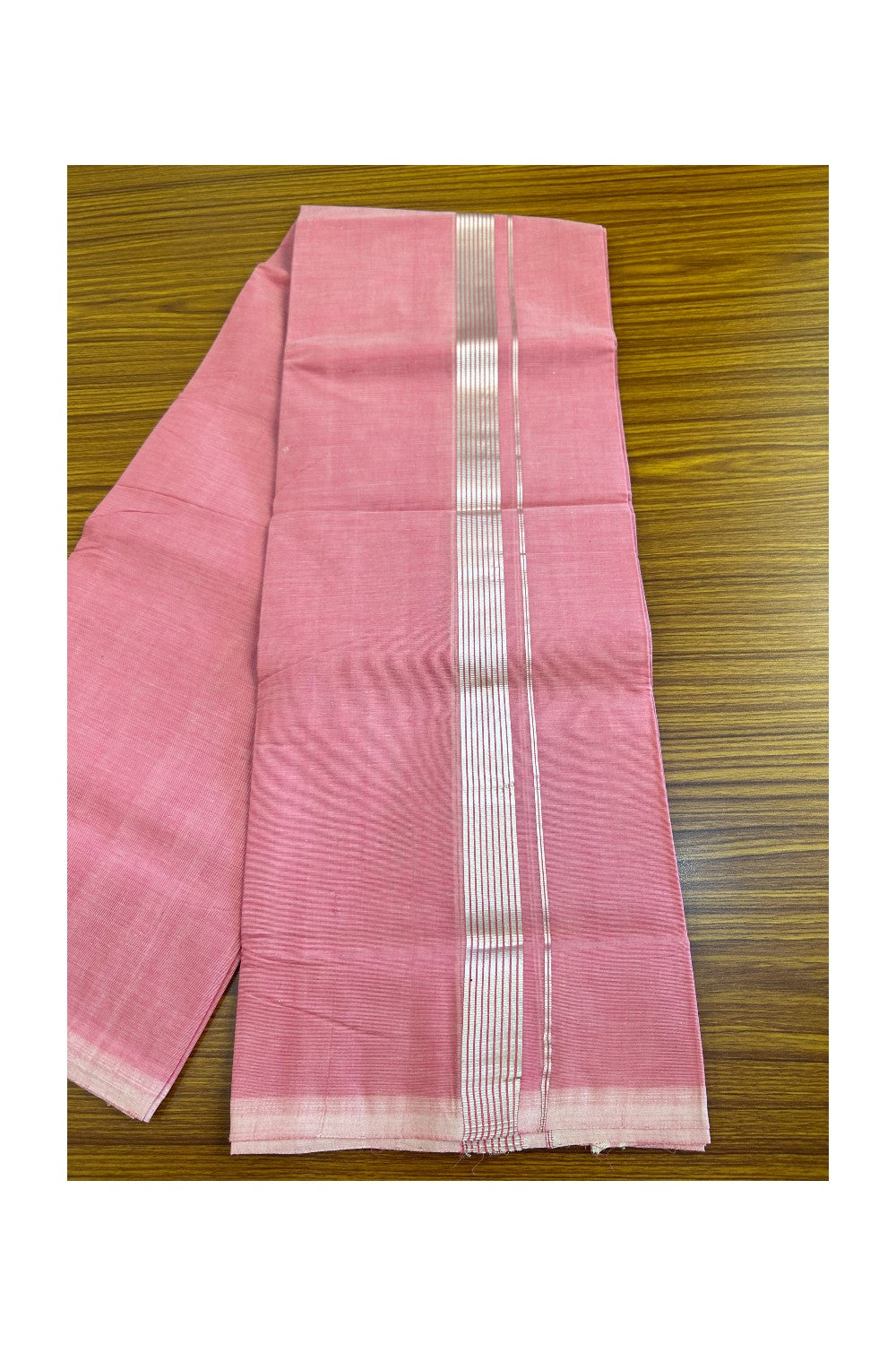 25% Discount! KaithariKada Handloom 100% Cotton Double Mundu/Dhoti - Pink Colour Body & Silver Striped 1.75inch Kara 3.80 mtr (8 Muzham) - 7KK452SOM