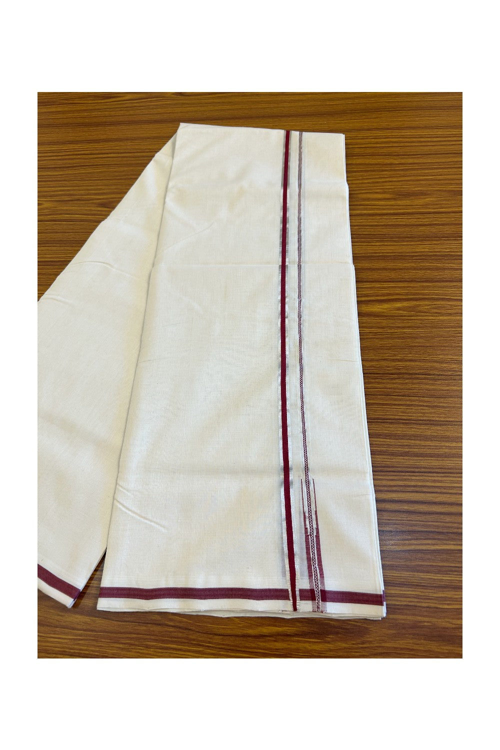 25% DISCOUNT!! KaithariKada HANDLOOM UNAKKUPAAV Balaramapuram - 100% PURE Cotton OFF White - (Unbleached) Double Mundu/Dothi - 1.5 cm Maroon & silver Puliyilakkara chutty - 7KK476RAM