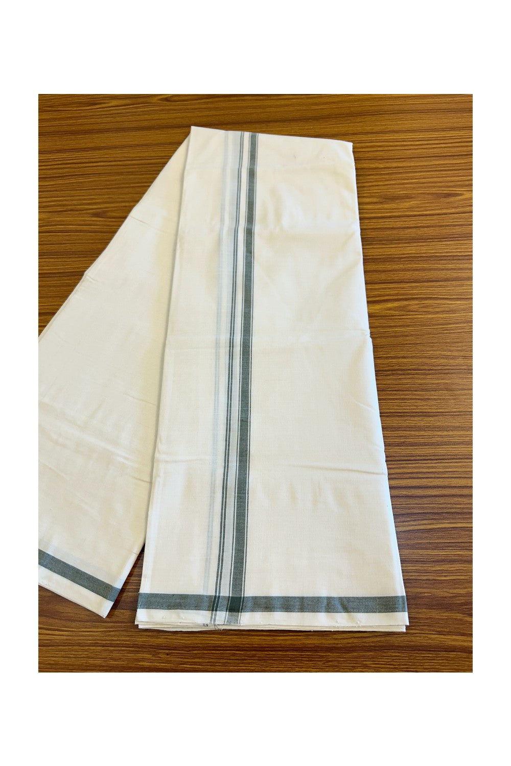 120X120 PREMIUM Kaitharikada Exclusive - 25% DISCOUNT! BALARAMAPURAM HANDLOOM Unakkupaavu - 100% PURE Cotton Double Mundu/Dhoti OFF WHITE (Unbleached) - 1 inch Green Striped Kara - 7KK477KAL
