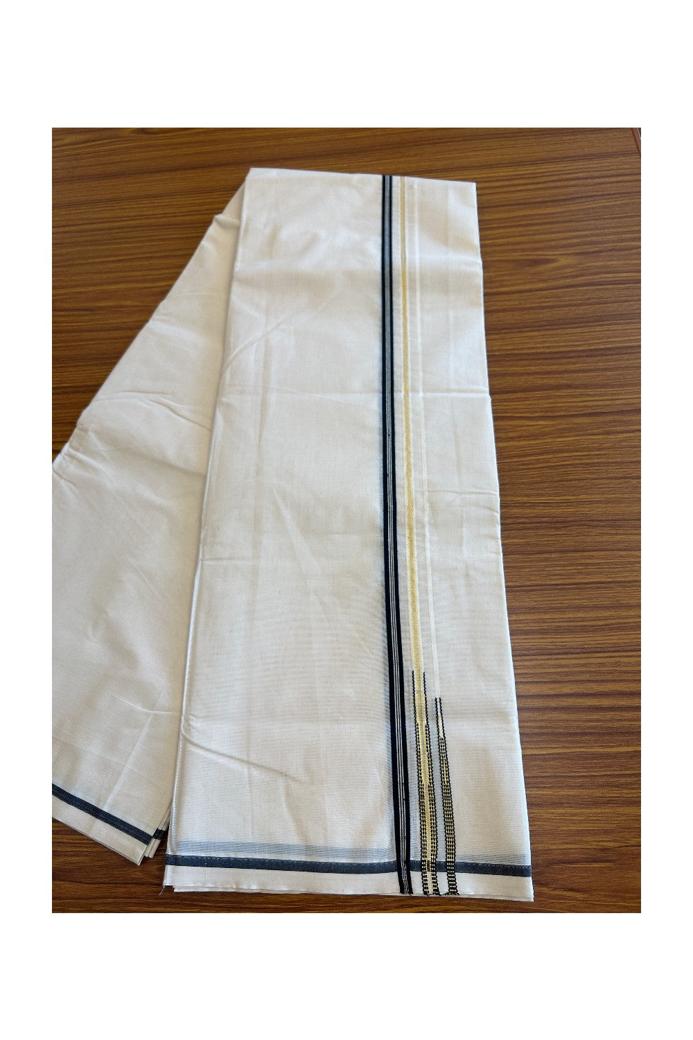 21% Discount!!! KaithariKada Balaramapuram 100% Cotton off white Double - (Unbleached) Mundu/Dhoti-100x100 0.5 inch Double Puliyilakkara Chutty Black Stripes & Kasavu - 7KK5012ASH