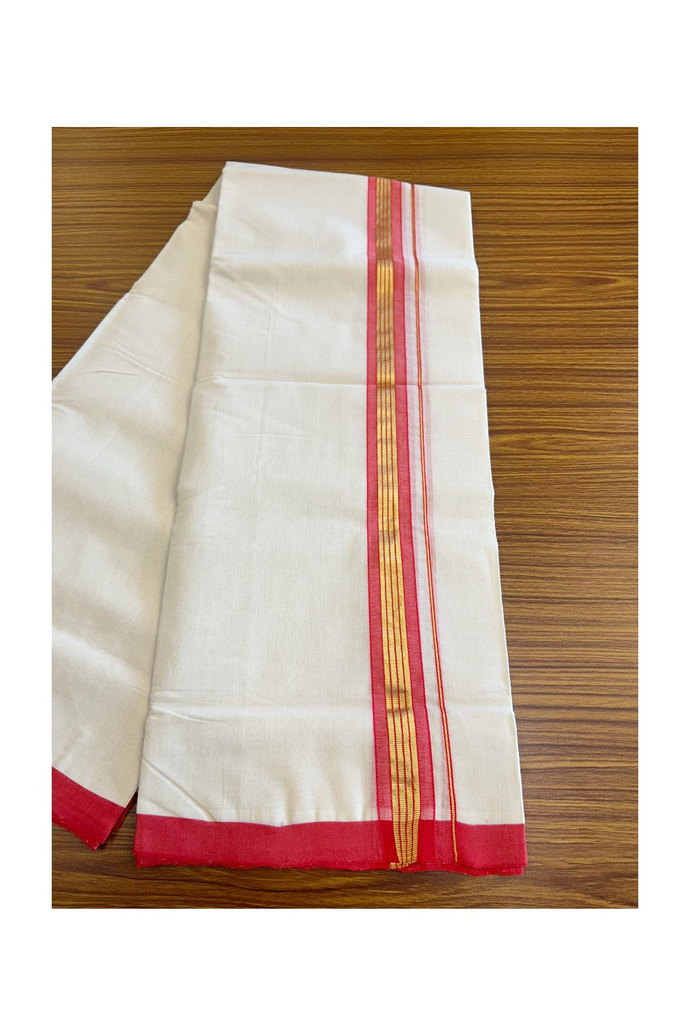 25% DISCOUNT! KaithariKada HANDLOOM Millpaav Balaramapuram - 100% PURE Cotton off white (Unbleached) Double Mundu/Dhoti - 1.75 inch Kasavu & Red+Pink Kara-134