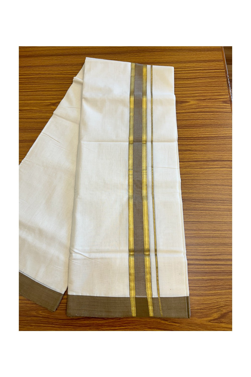 30% Discount KaithariKada HANDLOOM Unakkupaav Balaramapuram - 100% PURE Cotton Off White (Unbleached) Double Mundu/Dhoti - 2.5 inch Kasavu & Brown Kara - 225