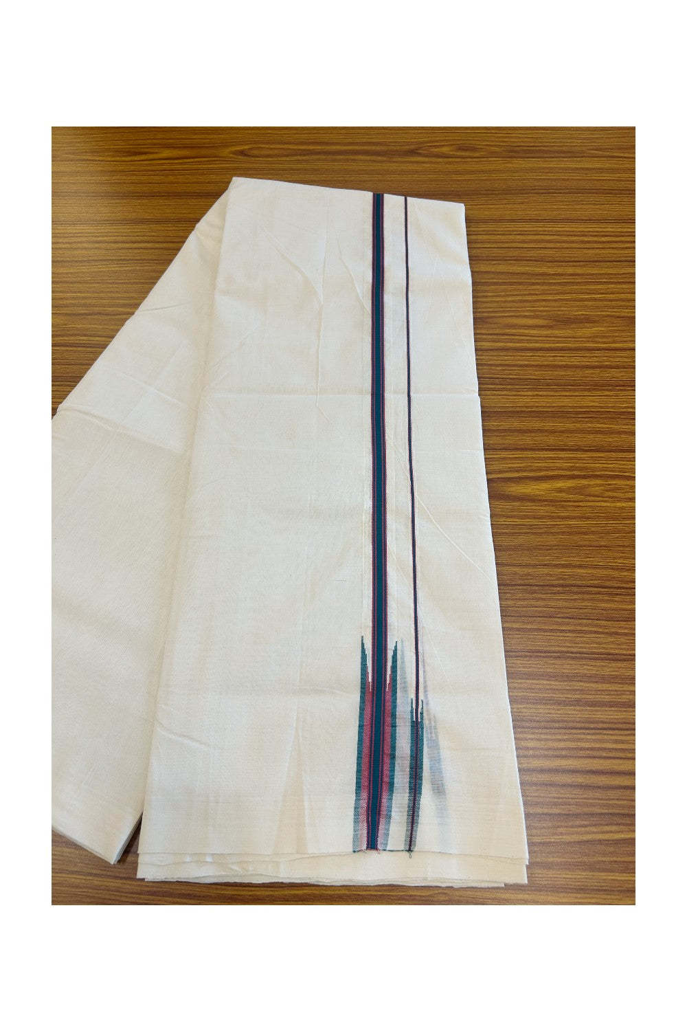 25% DISCOUNT!! KaithariKada HANDLOOM UNAKKUPAAV Balaramapuram - 100% PURE Cotton OFF White Double - (Unbleached) Mundu/Dothi - 1 inch Puliyilakkara Green & Red Stripes Double chutty - 7KK5049REA