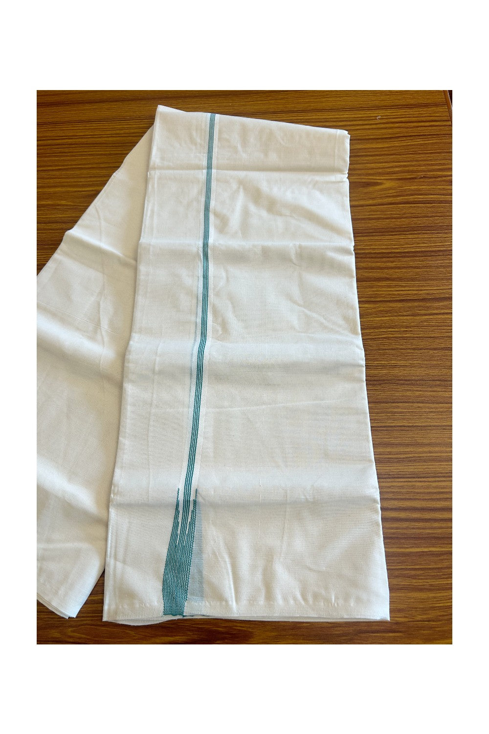 26% Discount! KaithariKada Balaramapuram 100% Cotton Double Off white - (Unbleached) Mundu/Dhoti-100X100 - 4 LINE BLUE GREEN STRIPES 1.5cm Kara.- 16.