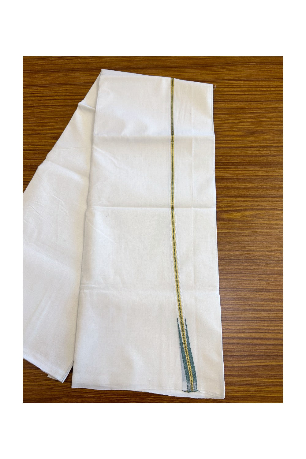 23% DISCOUNT!! KaithariKada Balaramapuram 100% Cotton PURE WHITE Double Mundu/Dhoti-100x100 0.5 inch Puliyilakkara MUTHUKKURI Greyish Green And Kasav Chutty Pattern Kara - 7KK5067KK