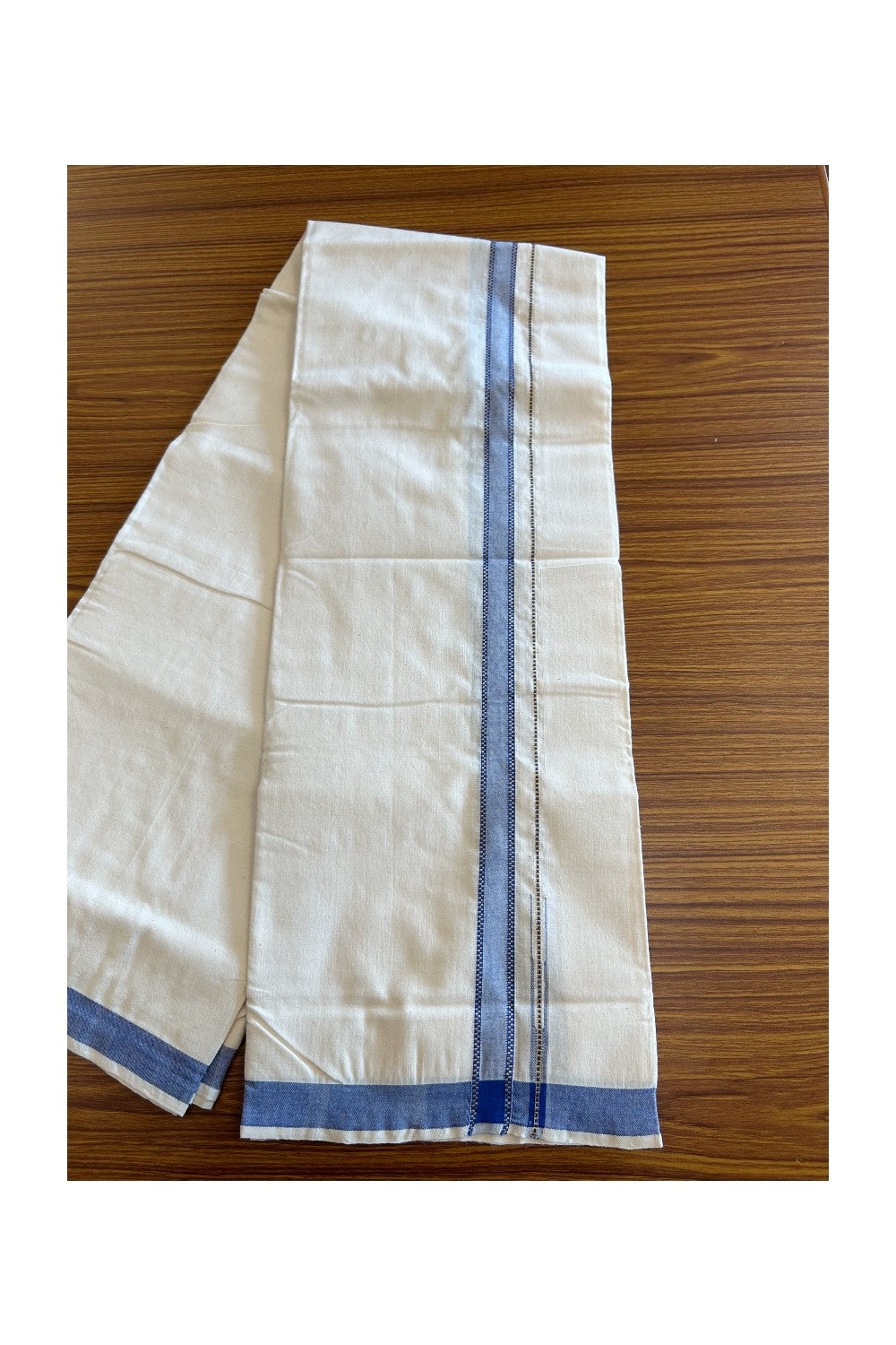 25% Discount ! KaithariKada 100% Cotton Balaramapuram HANDLOOM Single Mundu/Dhoti - Off White (Unbleached) 1.Inch (2 meter / 4 muzham) Blue Puliyilakkara Chutty- KAIH01.