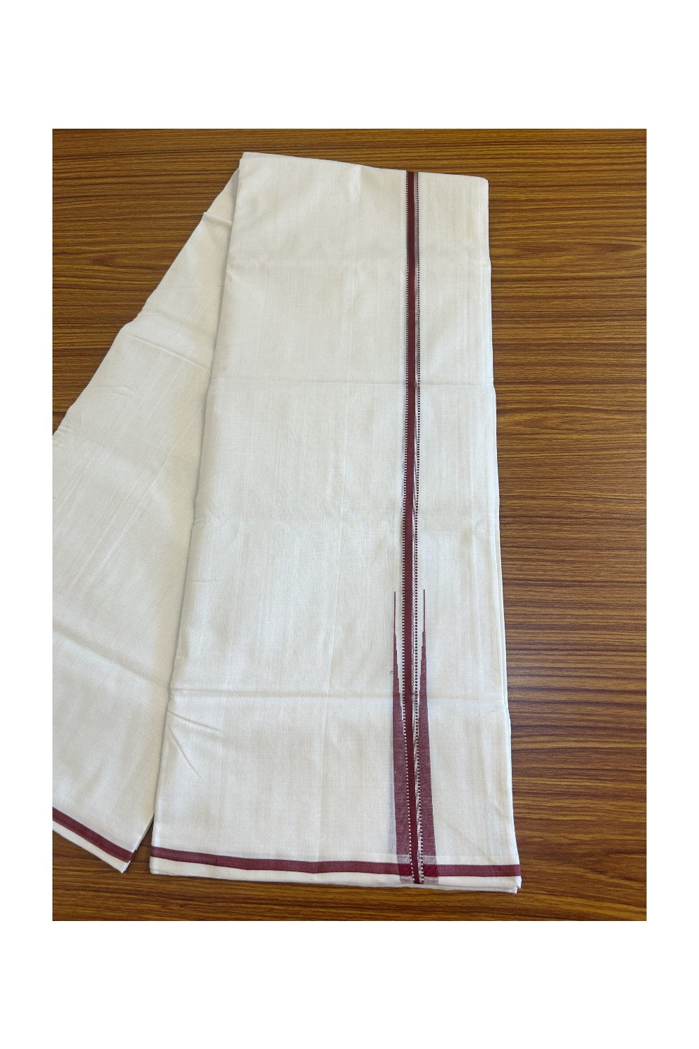25% DISCOUNT!! KaithariKada HANDLOOM Unakkupaavu Balaramapuram - 100% PURE Cotton OFF White - (Unbleached) Double Mundu/Dothi - Silver Kasavu & Maroon puliyilakkara chutty- 7KK506RAM