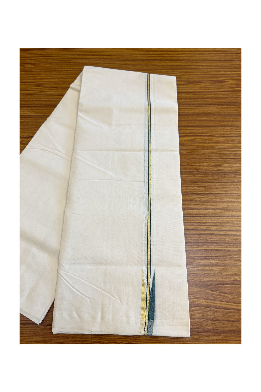 30% DISCOUNT!! KaithariKada HANDLOOM Millpaav Balaramapuram - 100% PURE Cotton OFF White (Unbleached) Double Mundu/Dothi - Kasavu & dark green Puliyilakkara chutty - 15KK86RAM