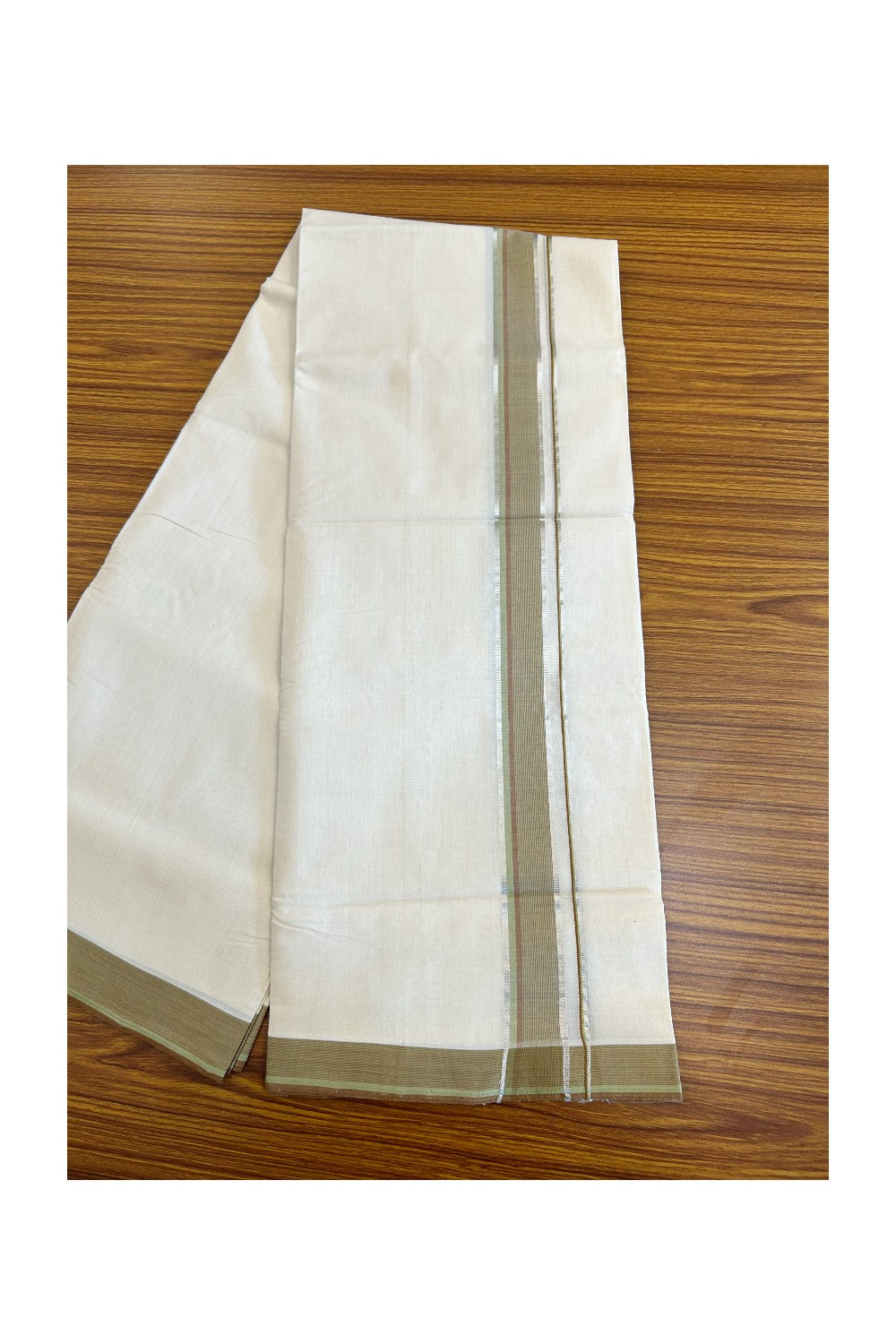 25% DISCOUNT!! KaithariKada HANDLOOM Unakkupaav Balaramapuram - 100% PURE Cotton OFF White - (Unbleached) Double Mundu/Dothi - 1.75 inch Green Brown & Silver striped pattern kara - 47KK403RAM