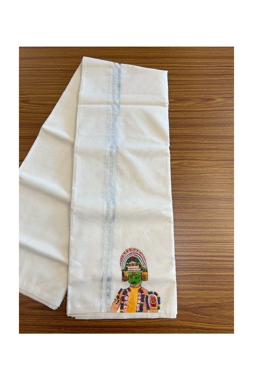 KaithariKada Balaramapuram 100% Cotton Double Off white - (Unbleached) Mundu/Dhoti-100x80 0.75 inch Silver Kasav & Hand Painted Ottam Thullal Design Kara 3.70 meter (8 Muzham) - 7KK5083ASH