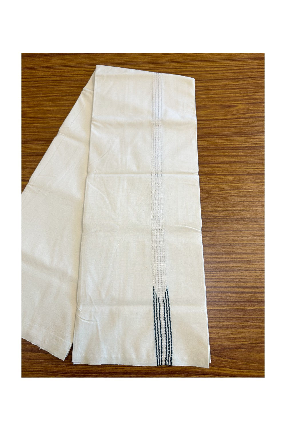 31% DISCOUNT ! KaithariKada Balaramapuram 100% COTTON SINGLE OFF WHITE (Unbleached) Mundu/Dhoti-100X100- 1 Inch 6 Line Puliyilakkara Silver Kasavu & Dark Green Chutty Kara (2 metre / 4 muzham) - 7KK5084ASH