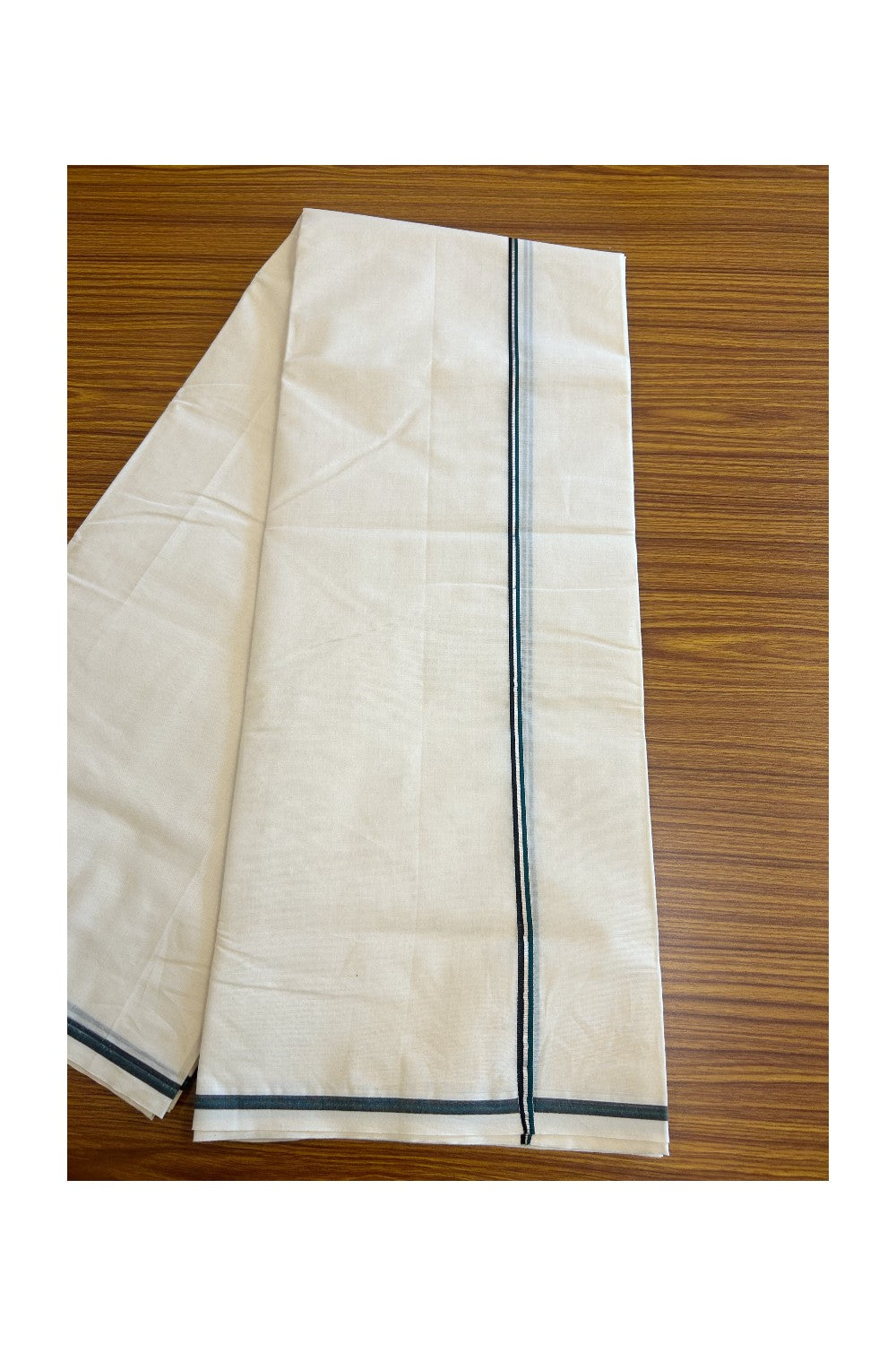 19% Discount!! KaithariKada Balaramapuram 100% Cotton Double off white - (Unbleached) Mundu/Dhoti - 100X100 - 0.5 inch Peacock Green Black & Silver Striped kara - 7KK5087ASH