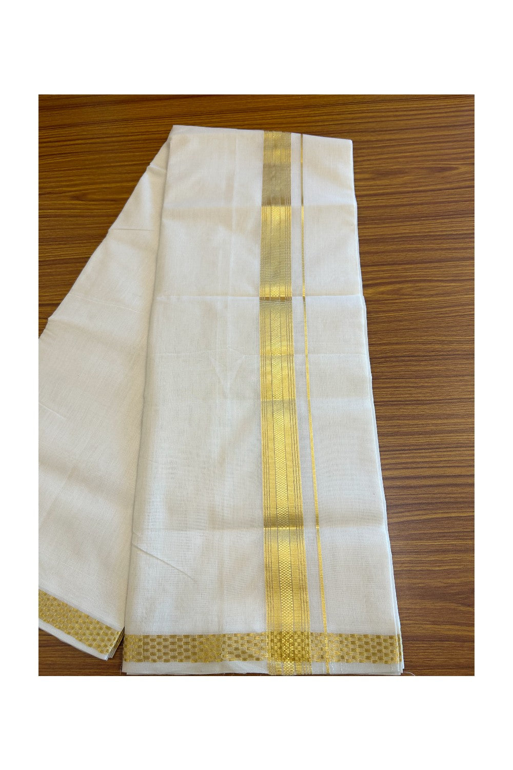 25% DISCOUNT ! KaithariKada HANDLOOM Unakkupaav Balaramapuram - 100% PURE Cotton Off White - (Unbleached) Double Mundu/Dhoti - 100x100 5.5 cm Kasavu Stripes kara - 7KK5097ABH