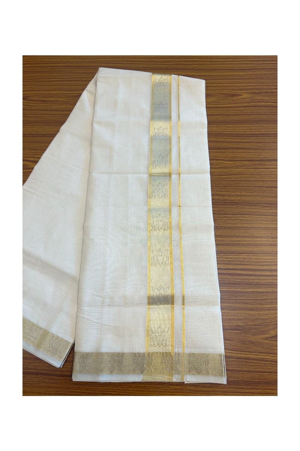 25% DISCOUNT ! KaithariKada HANDLOOM Unakkupaav Balaramapuram - 100% PURE Cotton Off White - (Unbleached) Double Mundu/Dhoti - 2.5 inch Gold Kasavu & Silver Lotus Design Kara - 7KK5107ABH