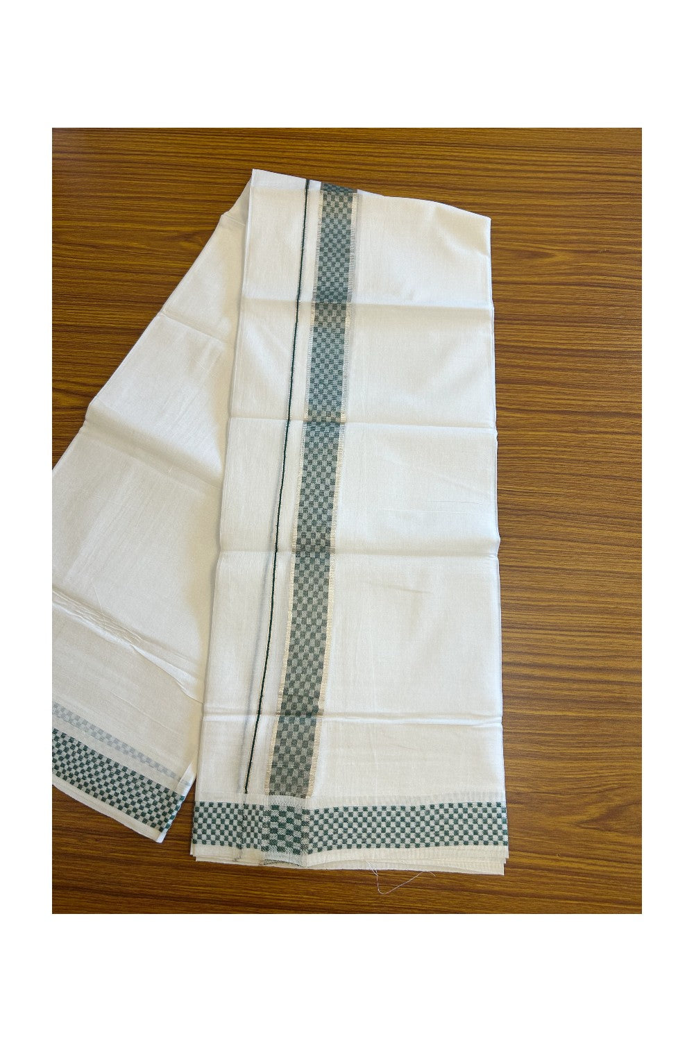 20% DISCOUNT! KaithariKada Balaramapuram 100% Cotton Double PURE white Mundu/Dhoti - 100x80 - 2 Inch Silver kasavu & Dark Green Check jacquard pattern Kara - 7KK5118PMC