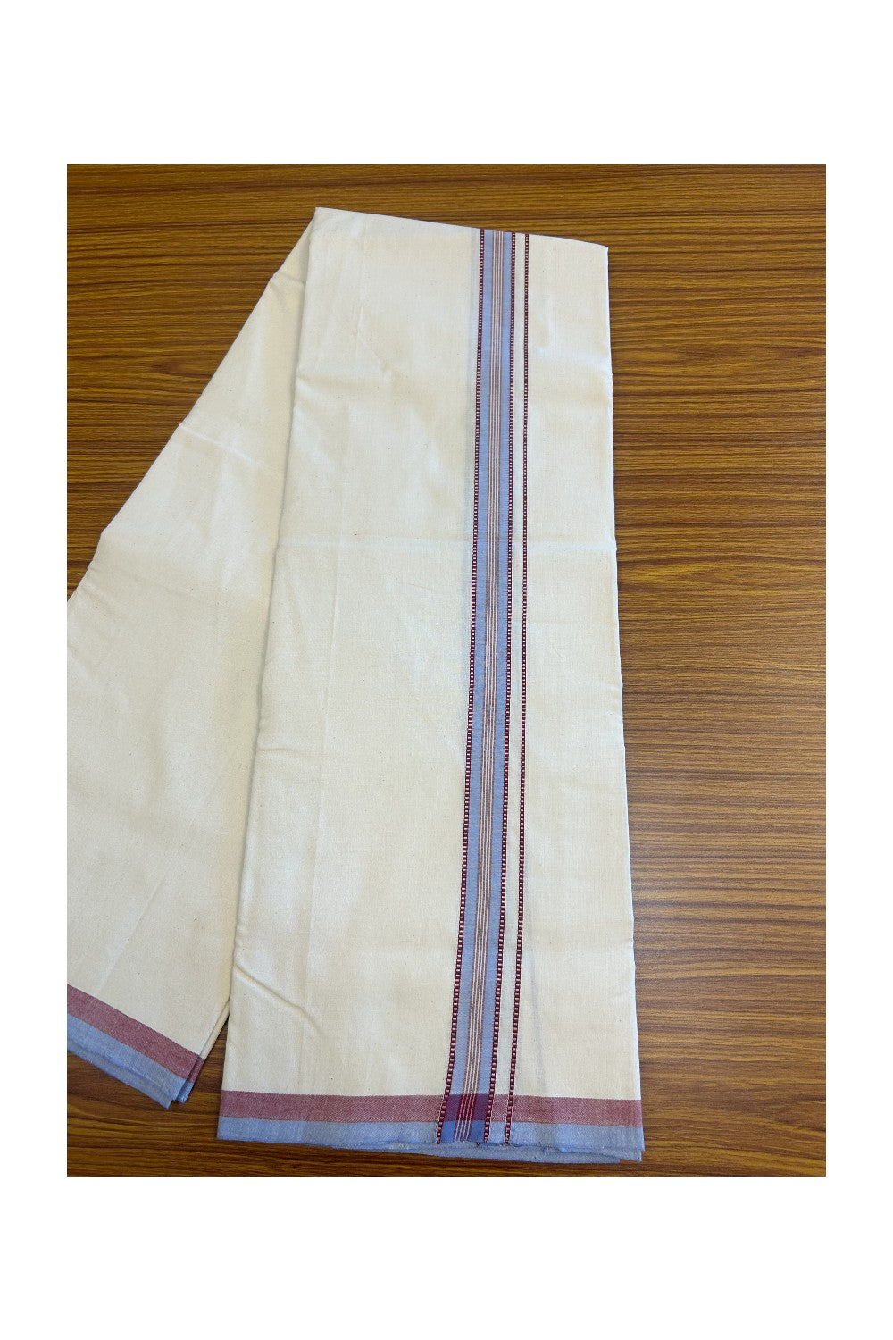 SIGNATURE KAITHARIKADA EXCLUSIVE SINGLE DHOTI - 30% Discount!! 100% Cotton Balaramapuram HANDLOOM Single Mundu/Dhoti - Off White - (Unbleached) 1 inch Lavender Blue & Maroon Silver Kasavu White stripes Muthukuri kara (2 meters /4 muzham) - 6KK5131KAI