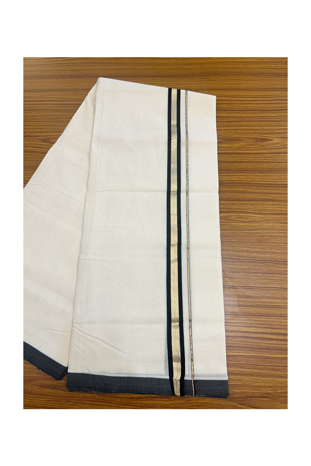 25% DISCOUNT!! KaithariKada HANDLOOM UNAKKUPAAV Balaramapuram - 100% PURE Cotton OFF White Double - (Unbleached)- Mundu/Dothi - 1.25inch Black Gold Kasavu & Silver Striped Kara 4.5 Meters (10 Muzham) - 7KK5160REA