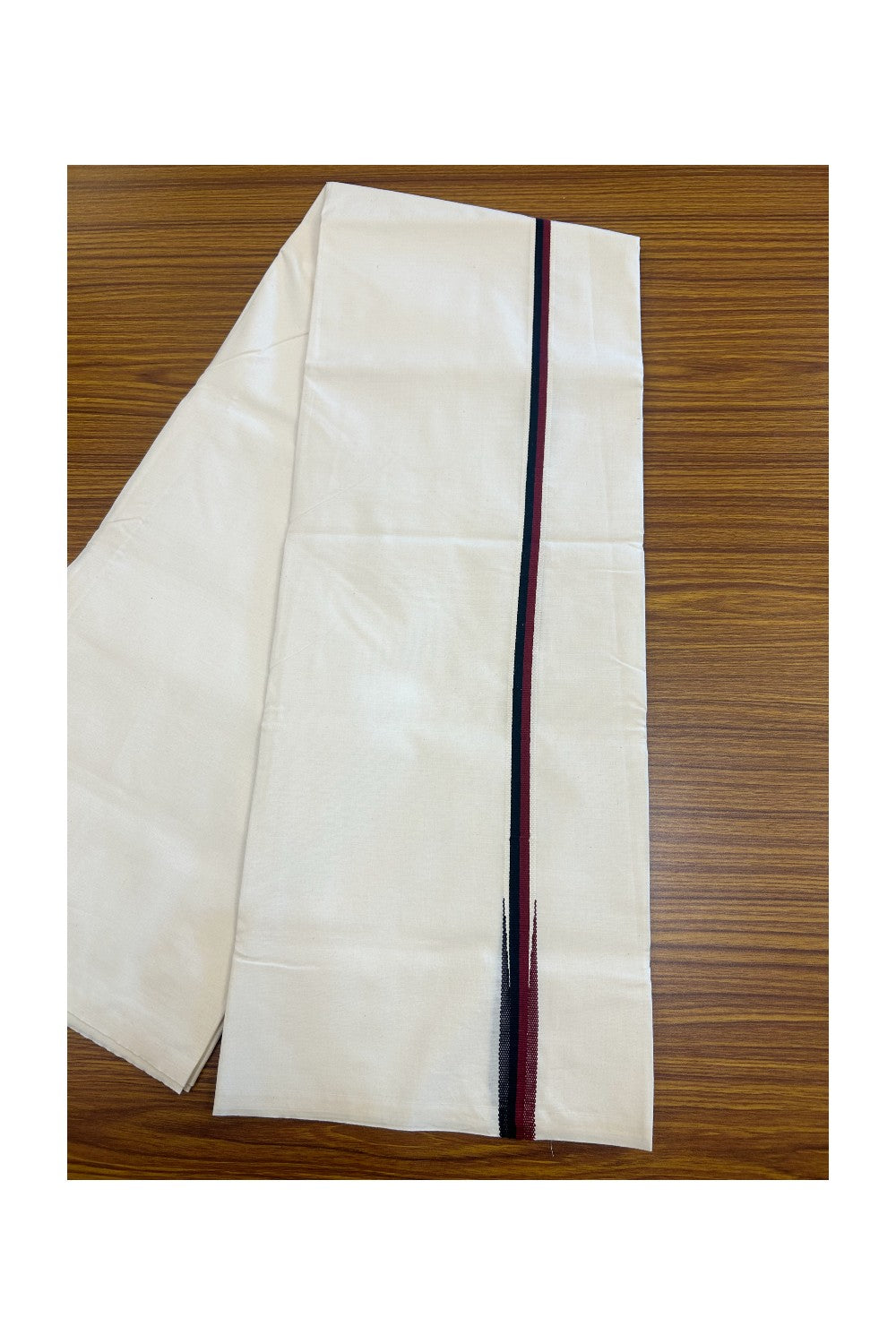 DMK Veshti - 20% Discount!! KaithariKada Balaramapuram 100% COTTON SINGLE OFF WHITE- (Unbleached) Mundu/Dhoti-100X100 -0.75 inch Puliyilakkara Maroon & Black Chutty (2 meter / 4 muzham) - 7KK5166ASH