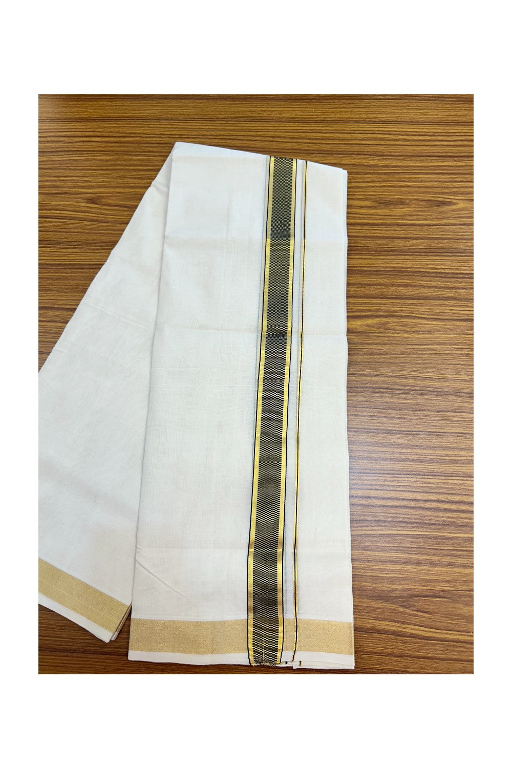 25% DISCOUNT ! KaithariKada HANDLOOM Unakkupaav Balaramapuram - 100% PURE Cotton Off White - (Unbleached) Double Mundu/Dhoti - 100x100 - 1.5 inch Gold Kasavu Black Jacquard Designer Kara - 7KK5176ABH