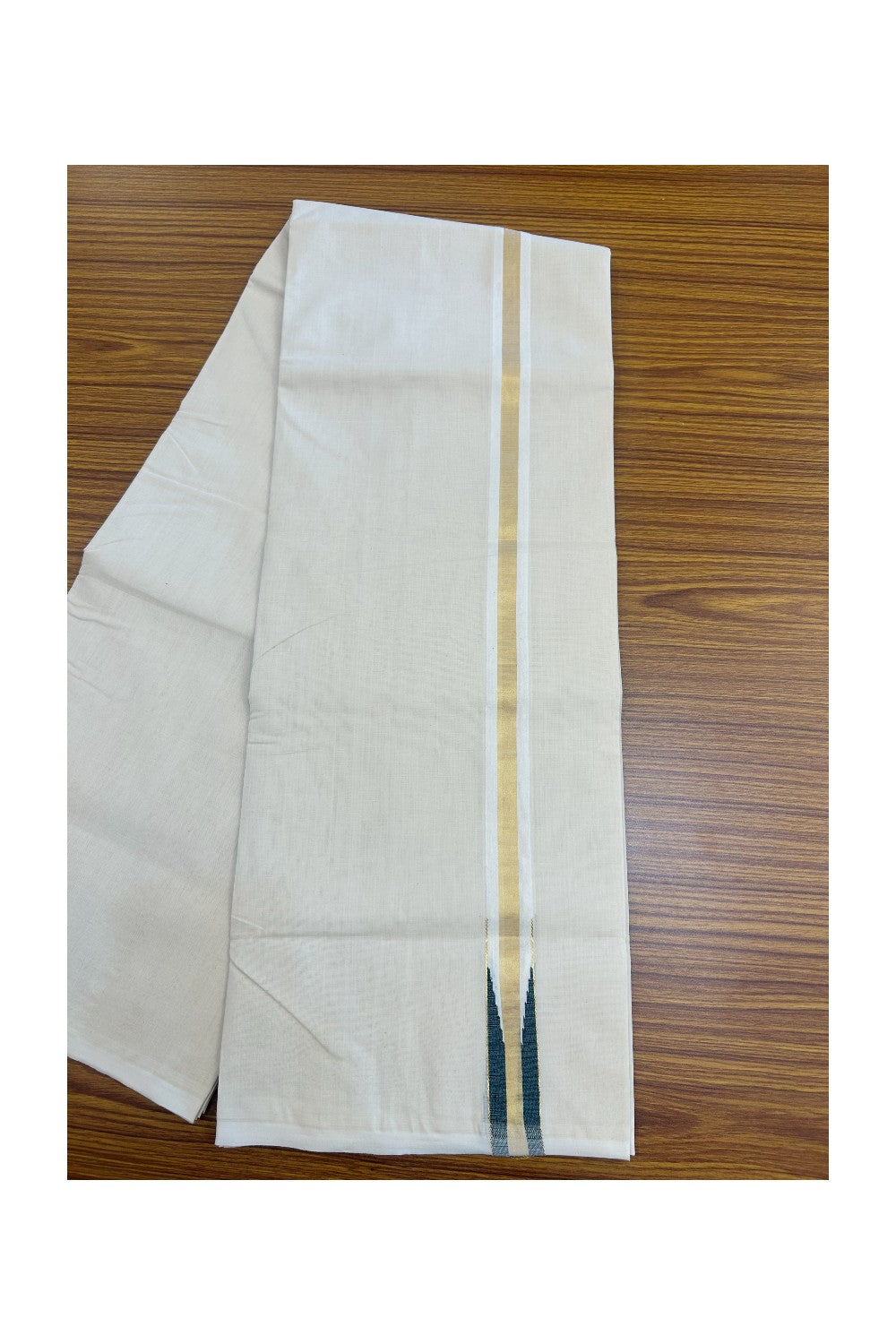 25% DISCOUNT!! KaithariKada HANDLOOM MILPAAV Balaramapuram - 100% PURE Cotton OFF White Double - (Unbleached) Mundu/Dothi - 100x100 - 3 cm Kasavu Green chutty Kara - 6KK5177RAM