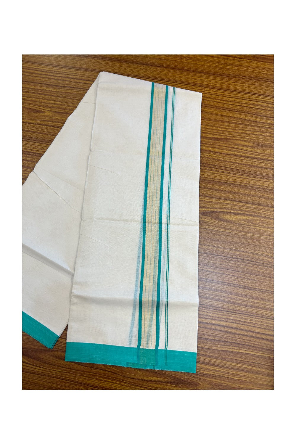 20% DISCOUNT! KaithariKada Balaramapuram Double OFF WHITE Mundu/Dhoti - 80x90 - 1.75 Inch Tissue Turquoise Green striped Kara - 7KK5182VAS