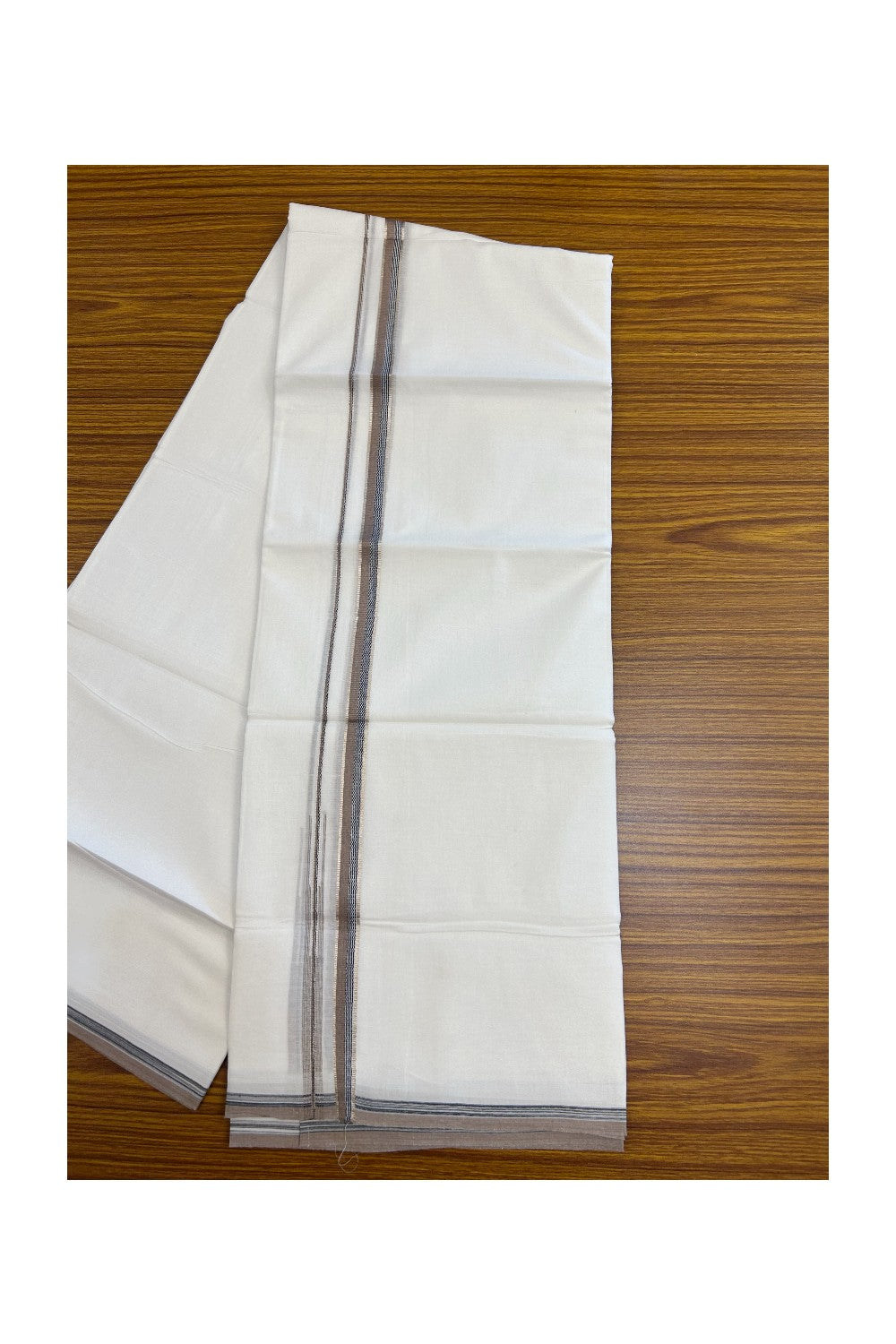 20% Discount !! Kaitharikada Balaramapuram 100% Cotton PURE WHITE DOUBLE Mundu/Dothi- 100X80 Thread - 0.5 inch - Silver Kasavu Black & Grey Brown Design Chutty Kara - 7KK5184RAMS