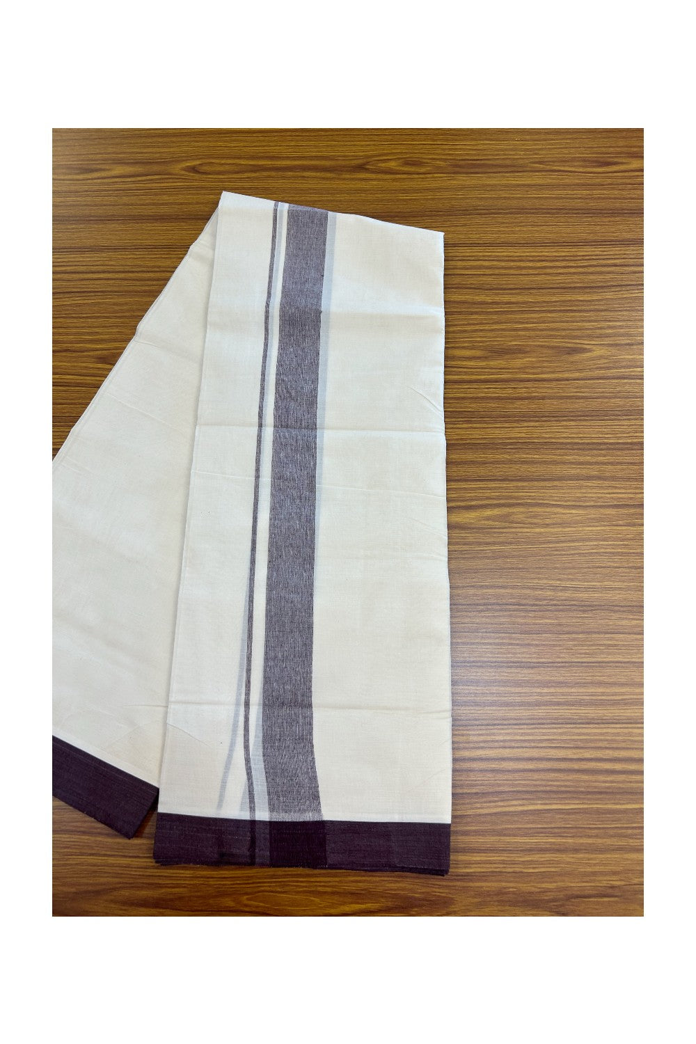 20% Discount ! Kaitharikada Balaramapuram 100% Cotton Double Off white (Unbleached) Mundu/Dhoti - 100x80 - 1.75 inch Wine Purple shaded Kara - 7KK5186CKS