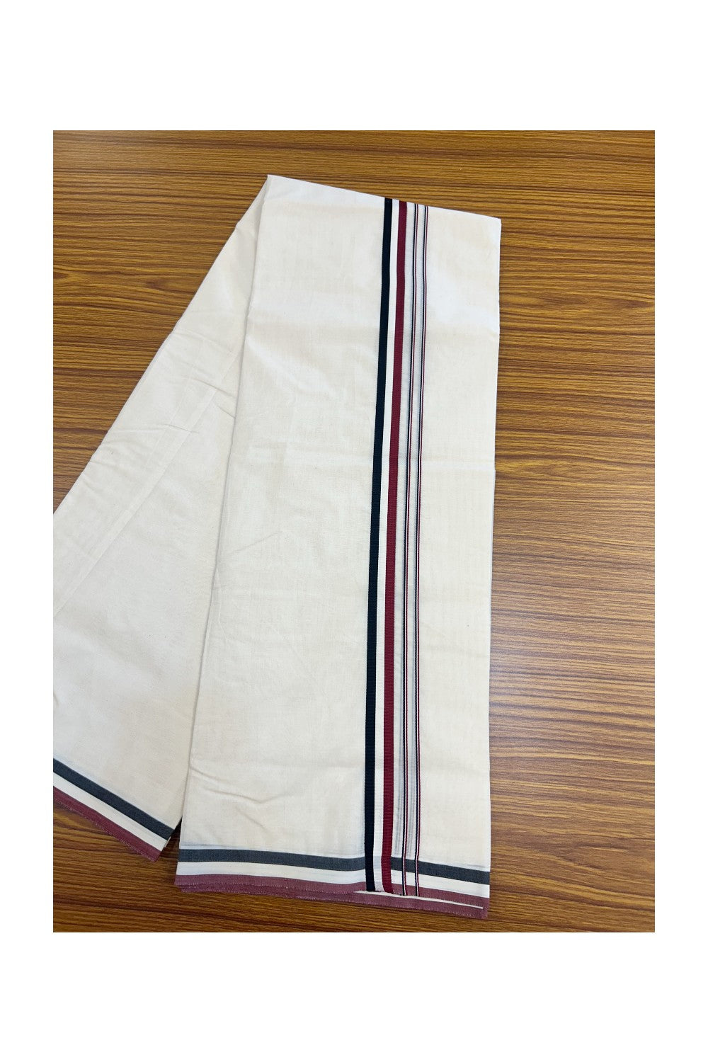 ADMK VESHTI - 22% DISCOUNT! KaithariKada 100% Cotton off white Double - (Unbleached) Mundu/Dhoti - 100X100 - 1 inch Black White & Maroon kara 4 mtr (8.5 muzham) - 7KK5187ASH