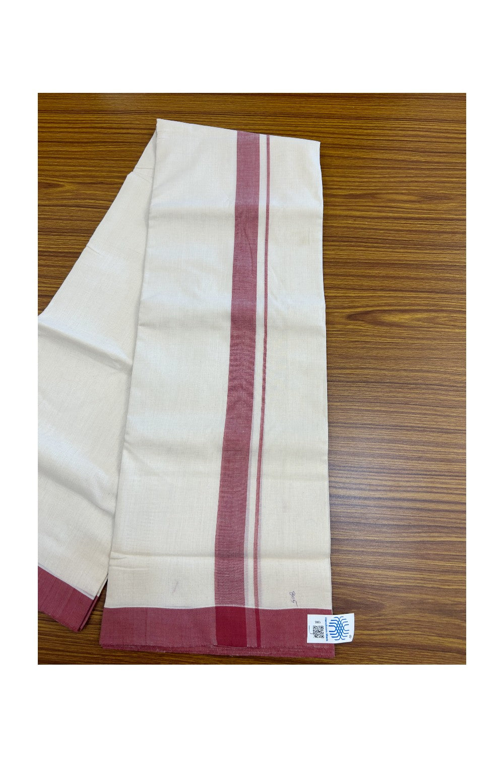 25% Discount KaithariKada HANDLOOM Unakkupaav Balaramapuram - 100% PURE Cotton off white (Unbleached) Double Mundu/Dhoti - 80X90 - 1.25 inch Fire Brick Red Shaded Kara 3.80 mtr - 7KK5192ELA