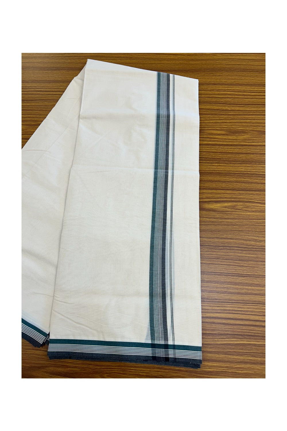 20% DISCOUNT ! KaithariKada 100% Cotton OFF WHITE (Unbleached) Double Dhoti/Mundu- 1.25 inch Black & Green Striped Kara 4.50 Meters (10 Muzham) - 7KK5203ASH