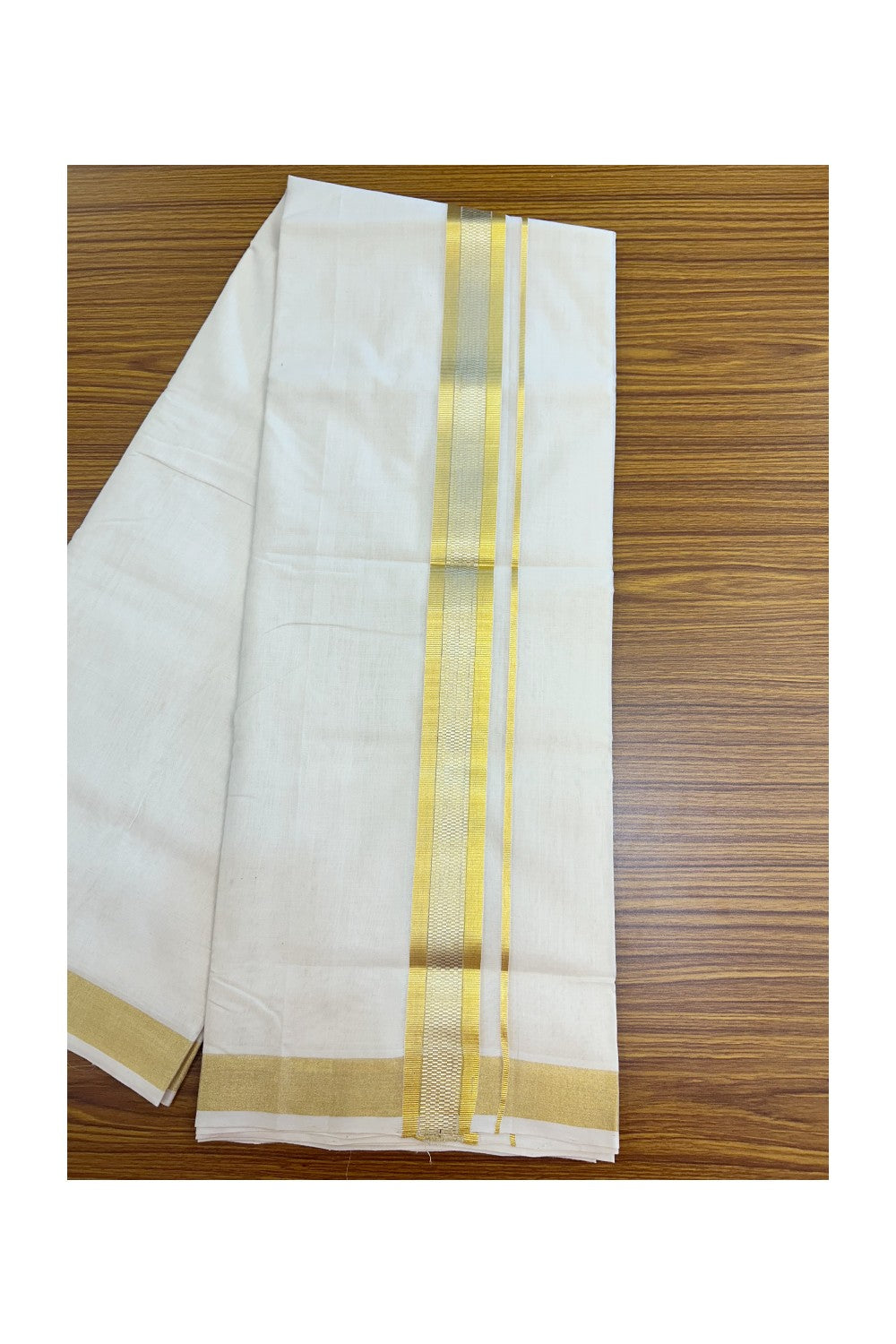 25% DISCOUNT ! KaithariKada HANDLOOM UNAKKUPAAV Balaramapuram - 100% PURE Cotton Off White - (Unbleached) Double Mundu/Dhoti - 1.75 inch Gold Kasavu & Silver Kasavu Striped Design Kara - 7KK5208ABH