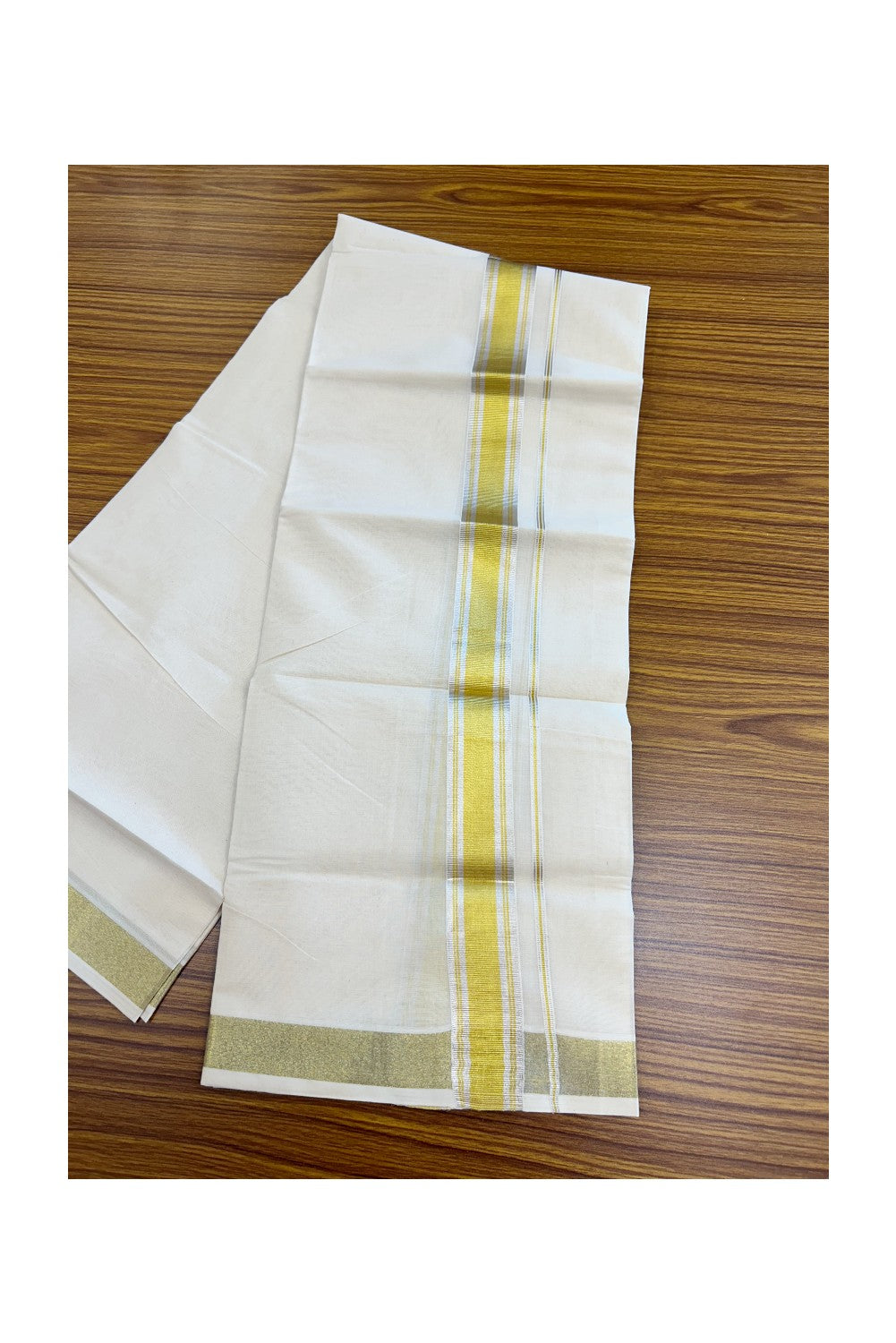 20% DISCOUNT ! KaithariKada Balaramapuram - 100% PURE Cotton Off White - (Unbleached) Double Mundu/Dhoti - 100X80 - 1.5 inch Gold Kasavu & Silver Kasavu Striped Kara - 7KK5212 VIN