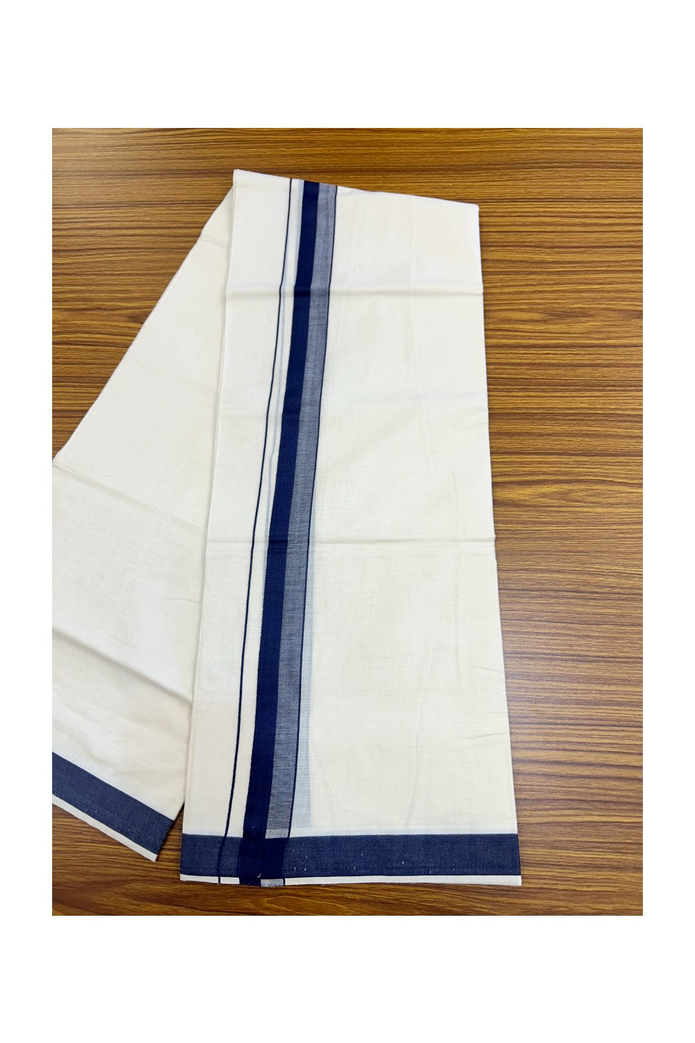 24% Discount ! KaithariKada Balaramapuram 100% Cotton Double OFF WHITE- (Unbleached) - Mundu / Dhoti- 100x80 - 1.5 inch Navy Blue Kara - 7KK5214 MC