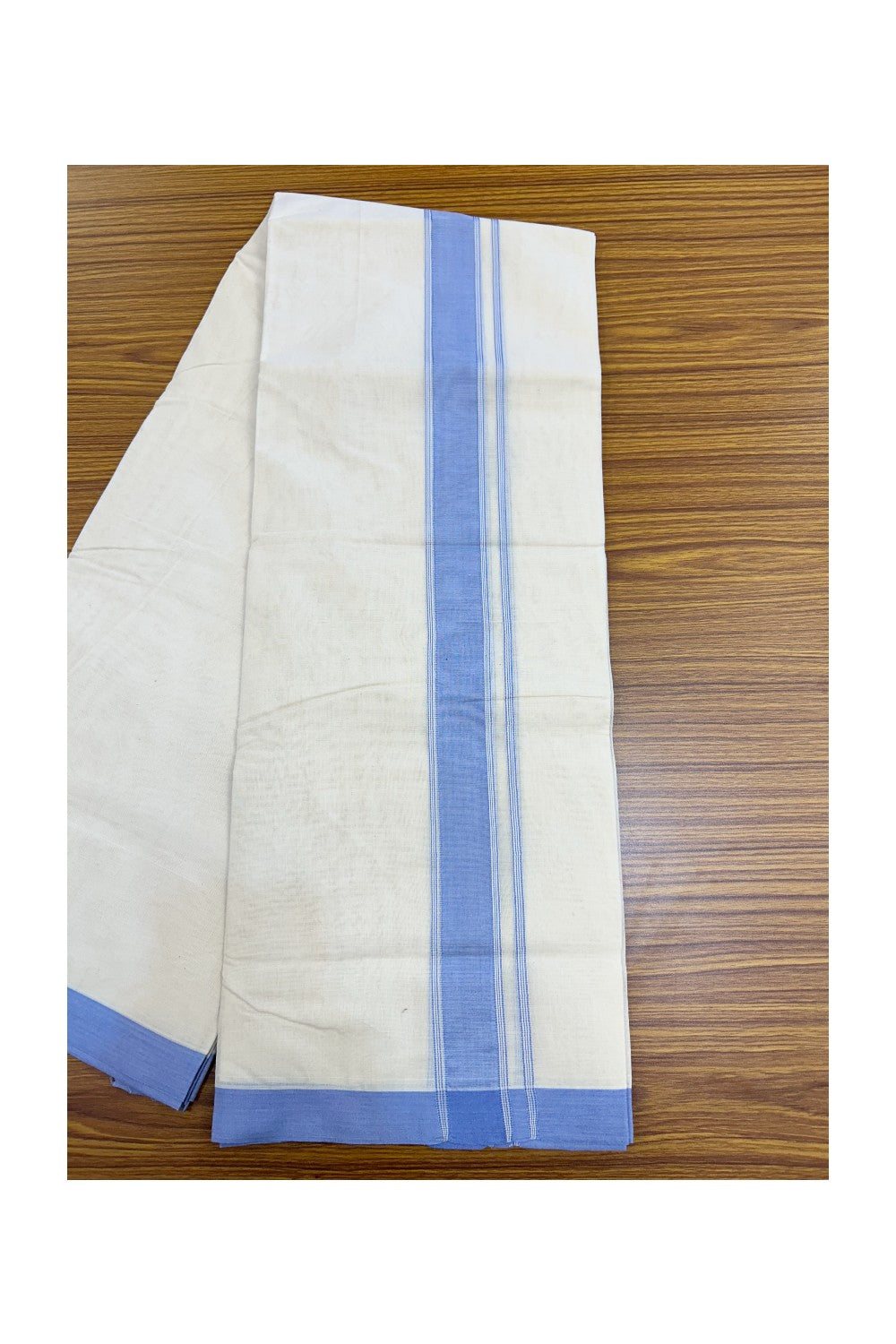 NEW !! 20% DISCOUNT!! KaithariKada Balaramapuram 100% Cotton Double Off white - (Unbleached) Mundu/Dhoti-100x80 - 1.75 inch Lavender Blue Shaded Striped KARA - 3.75 mtr (8 Muzham) - 7KK5218 ASH