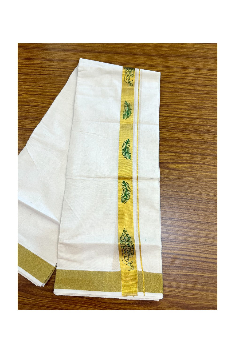 22% Discount!! KaithariKada Balaramapuram 100% Cotton DOUBLE OFF WHITE - (Ubleached) Mundu/Dhoti - 80x90 - 1.5 inch Gold Kasavu with Light Green Peacock & Peacock Feather Printed Design Kara - 7KK5219 GAN