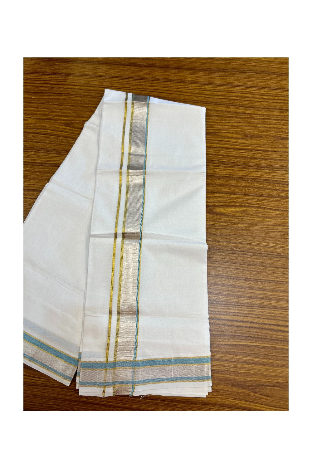 17% DISCOUNT! KaithariKada Balaramapuram 100% Cotton Double PURE WHITE Mundu/Dhoti - 100x100 - 1.5 inch Sky Blue Silver Kasav & Gold Kasavu Stripes Kara - 7KK5221 GAN