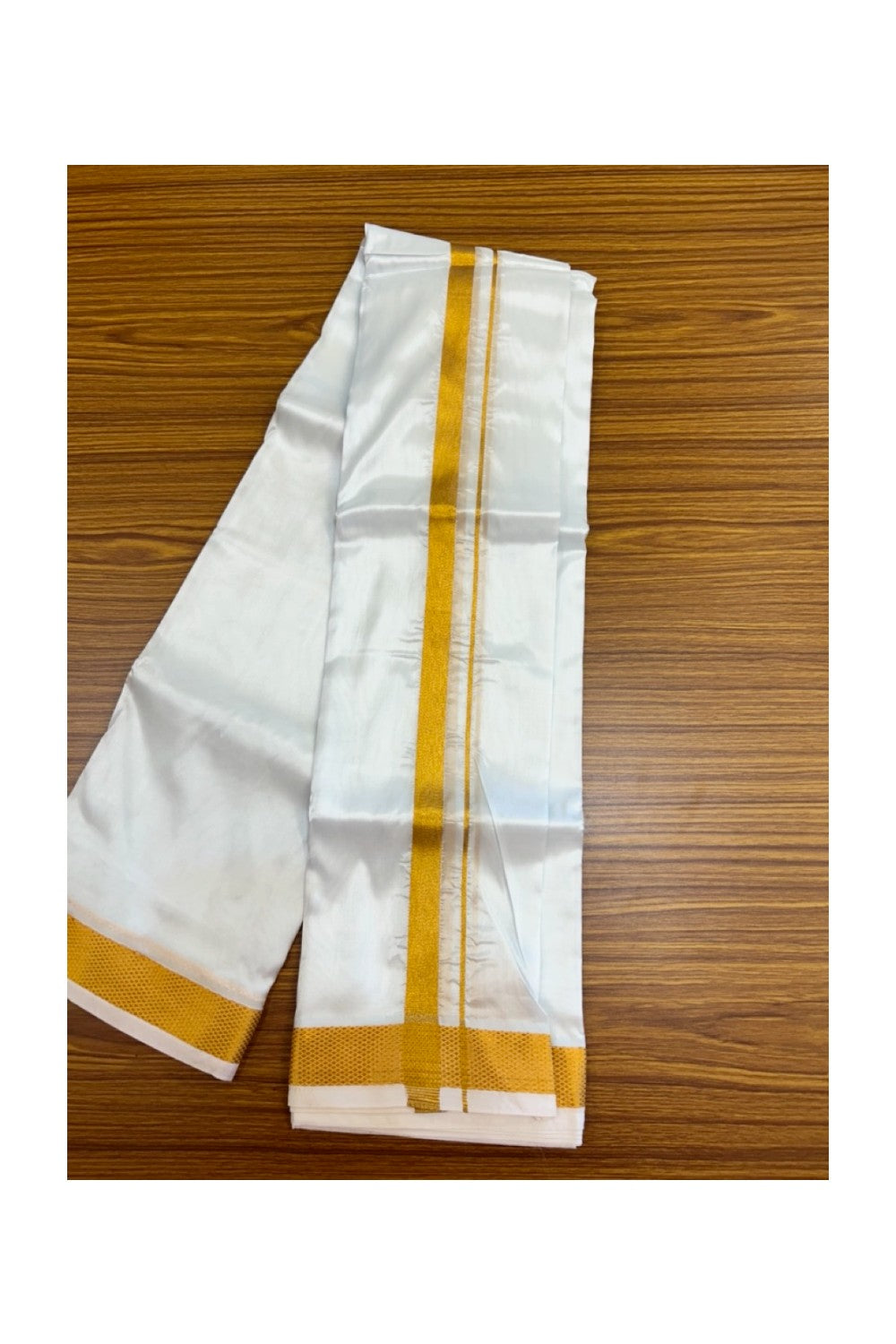 12% Discount!! KaithariKada Balaramapuram 100% Silk Double Mundu/Dhoti - White Colour Body - 0.75 inch Gold Kasav Kara 3.60 mtr (8 muzham)- 7KK5222 GAN