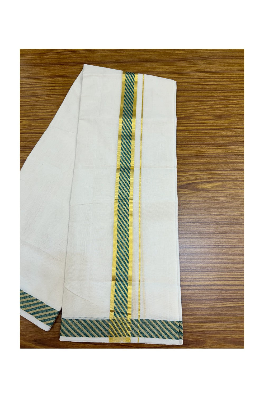 25% DISCOUNT ! KaithariKada HANDLOOM Unakkupaav Balaramapuram - 100% PURE Cotton OFF WHITE - (Unbleached) Double Mundu/Dhoti - 80x90 - 1.5 inch Gold Kasavu & Green Jacquard Design Kara 4 mtr (8.5 Muzham) - 6KK5231 ABH