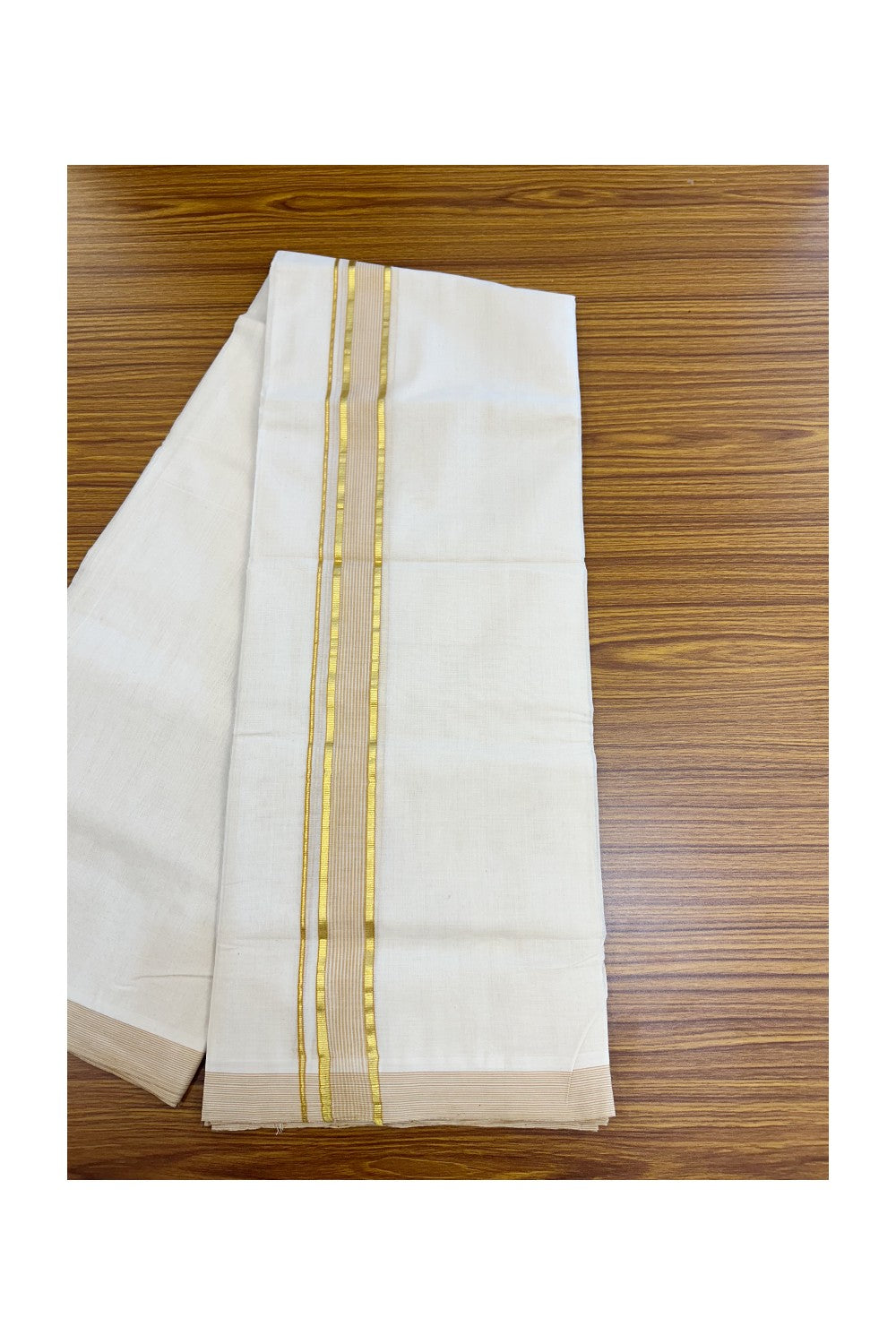 25% DISCOUNT!! KaithariKada HANDLOOM Millpaav Balaramapuram - 100% PURE Cotton OFF White Double (Unbleached) Mundu/Dothi - 80x90 - 1.5 Inch Gold Kasavu & Light Orange Stripes Kara 4 mtr (8.5 muzham) - 7KK5234 RAM