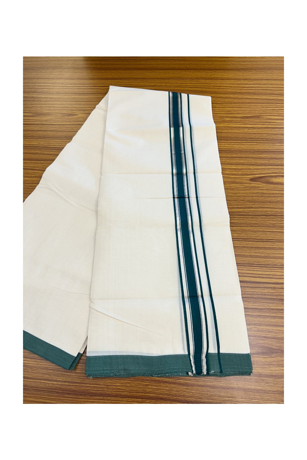 25% Discount!!! KaithariKada HANDLOOM MILLPAAV Balaramapuram - 100% PURE Cotton OFF WHITE (Unbleached) Double Mundu/Dhoti - 80x90 - 1.25 inch Silver kasavu Green kara 4 Mtr (8.5 Muzham) - 7KK5235 YAR