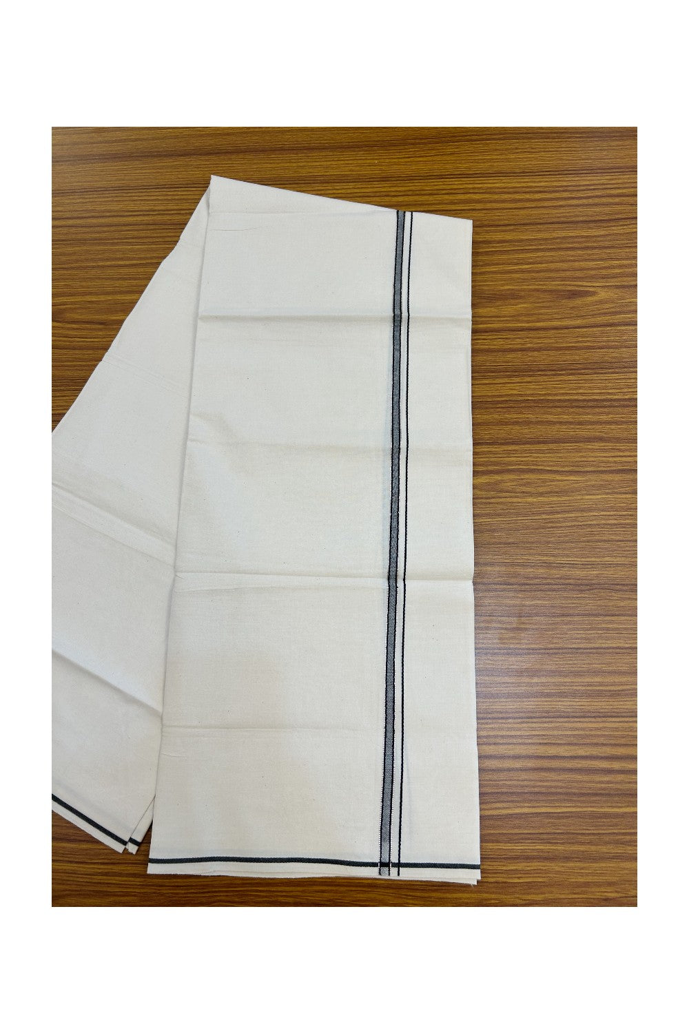 24% Discount !! KaithariKada Balaramapuram 100% Cotton OFF WHITE (Unbleached) Single Mundu/Dhoti - Twisted 60s Thread - 1 cm Silver Kasavu Black Thin Kara (2 meter / 4 muzham) - 5KK5236 GL