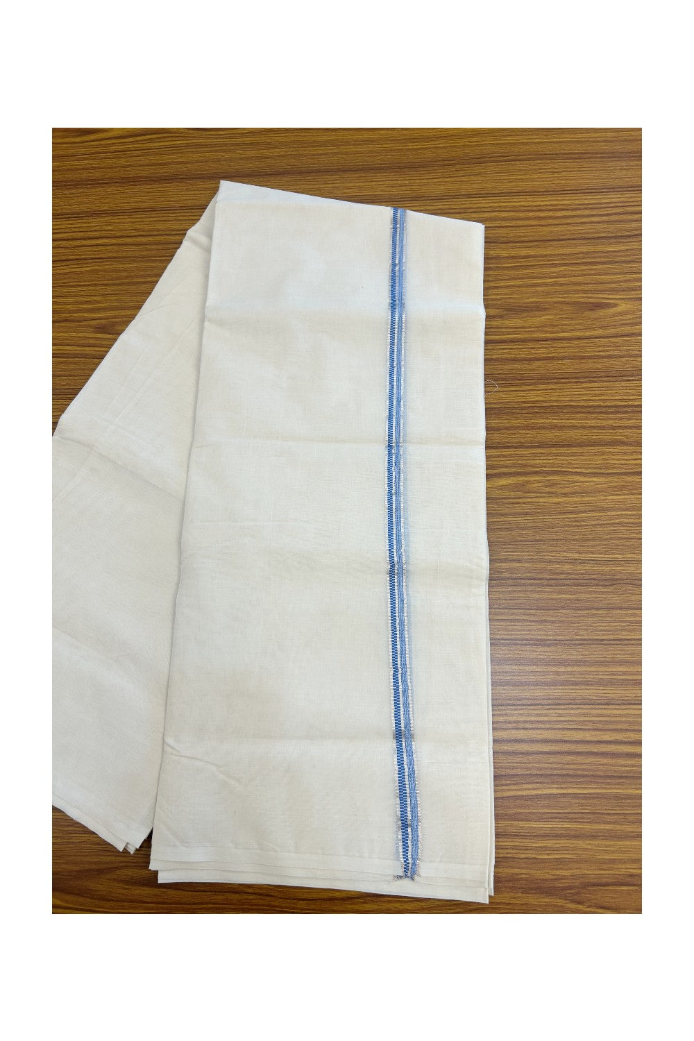 NEW !! 20% DISCOUNT!! KaithariKada Balaramapuram 100% Cotton Double Off white - (Unbleached) Mundu/Dhoti-100x100 - 1.5 cm Silver Kasavu & Blue Shaded Striped Design KARA - 4.36 mtr (9.34 Muzham) - 8KK5238 ASH