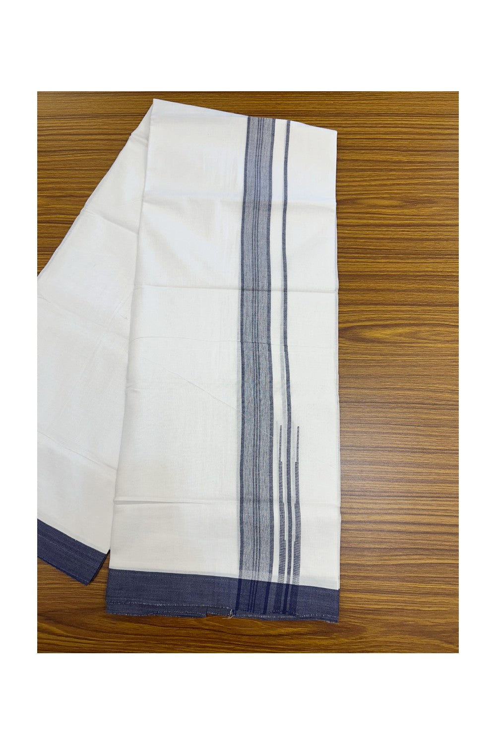 20% Discount!!! KaithariKada Balaramapuram Double PURE WHITE Mundu/Dhoti - (80s) - 1.5 inch puliyilakkara Navy Blue Shaded Striped chutty Kara - 3.86 mtr ( 8 muzham)- 7KK5239 GAN