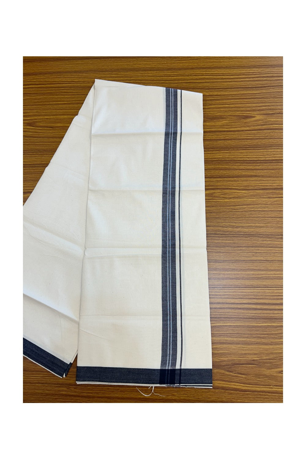 24% Discount !! KaithariKada Balaramapuram 100% Cotton OFF WHITE (Unbleached) Single Mundu/Dhoti - Twisted 60s Thread - 1 inch Navy blue & black shaded striped Kara (2 meter / 4 muzham) - 37KK5241 GL