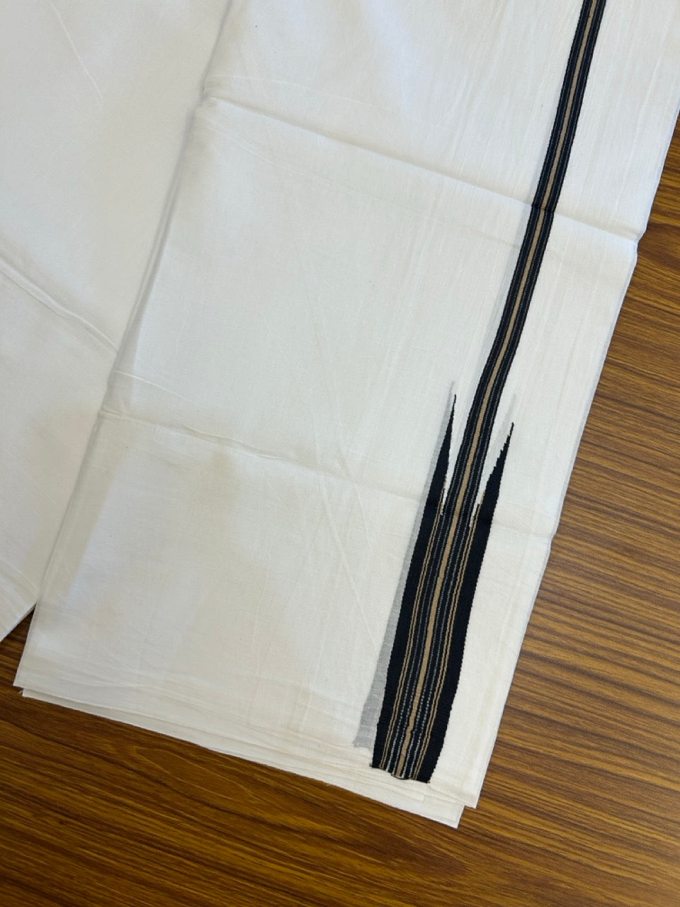 37% Discount ! NEW! KaithariKada Balaramapuram 100% Cotton Pure white Double Mundu/Dhoti - (100x80)s - Heavy Chutty Black Sand Brown Stripes - 7 KK5252 CKS