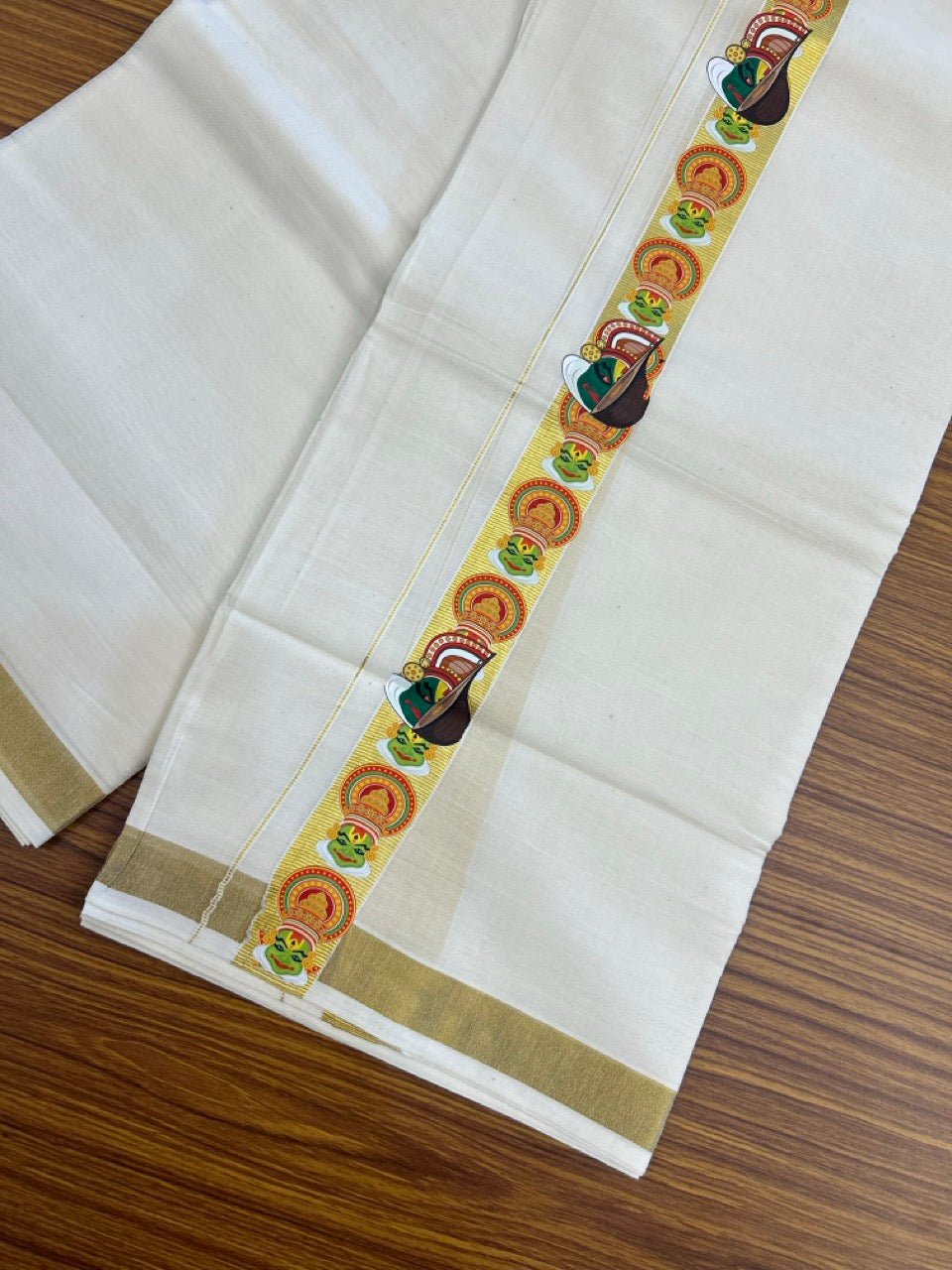 25% Discount!! KaithariKada Balaramapuram Mixed Cotton Double Off white - (Ubleached) Mundu/Dhoti - 80x72 - 1.25 inch Kasavu & Kathakali Printed Design Kara - 7 KK5262 MUT