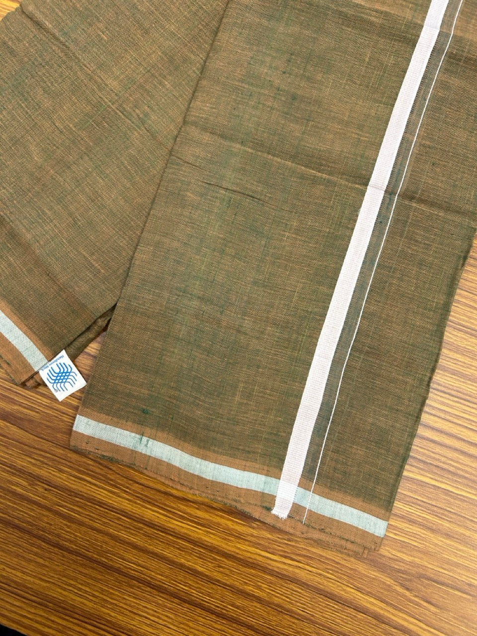 Handloom Single Hallmarked - 10% Discount !! KaithariKada 100% Pure Cotton - Mundu/Dhoti Dark Sage Green White 0.5 inch Kara- (2 meter / 4 muzham)- 7 KK8030 ELA