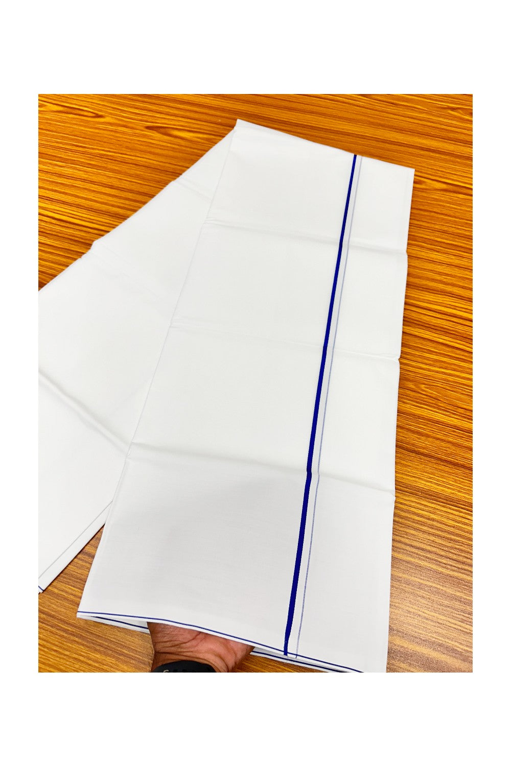 21% OFFER!! KaithariKada WRINKLE FREE Cotton PURE WHITE SINGLE Mundu/Dhoti-40X40 Dark Blue 1 cm (2 meter / 4 muzham) Kara- 7uat