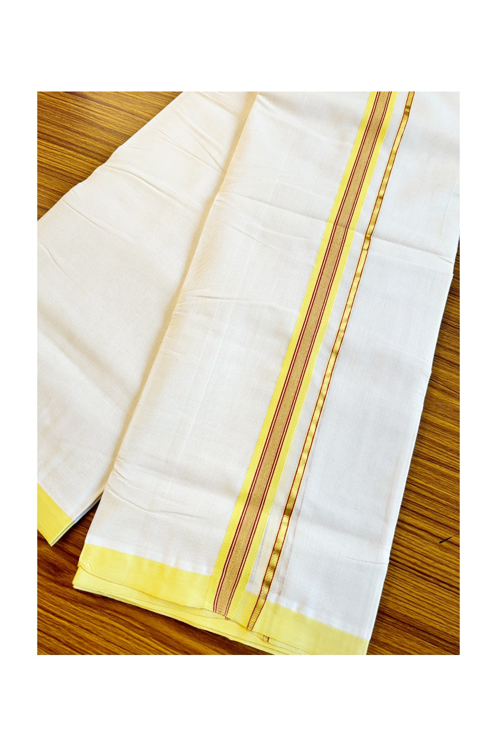 25% DISCOUNT!! KaithariKada HANDLOOM Unakkupaavu Balaramapuram - 100% PURE Cotton OFF White (Unbleached) Double Mundu/Dothi - YELLOW + RED Kasavu Striped 1 inch Kara - KK46SOM - 7.